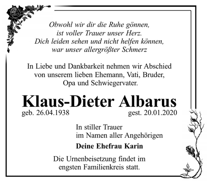 Traueranzeige Klaus-Dieter Albarus