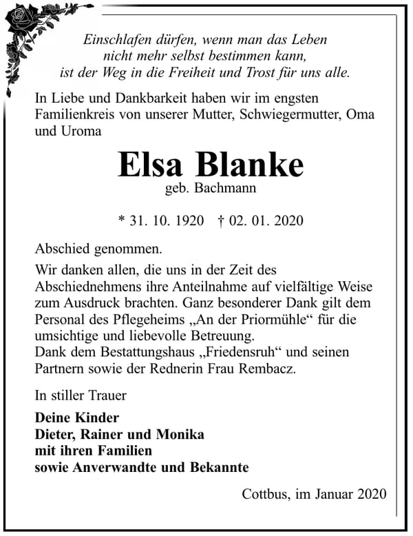 Traueranzeige Elsa Blanke, geb. Bachmann