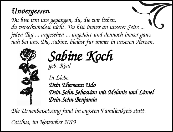 Traueranzeige Sabine Koch, geb. Koal