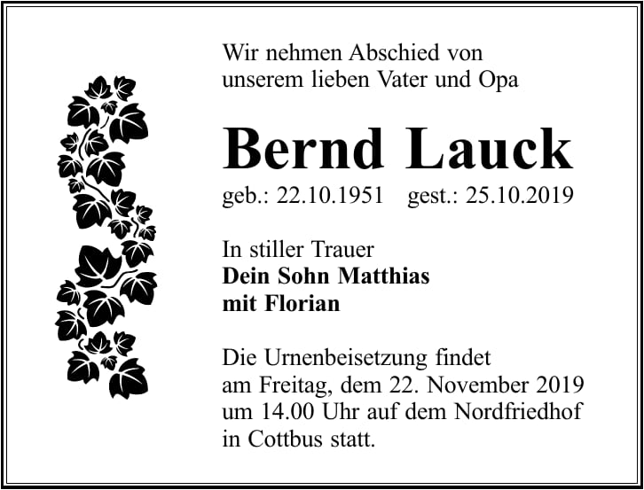 Traueranzeige Bernd Lauck