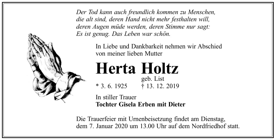 Traueranzeige Herta Holtz, geb. List