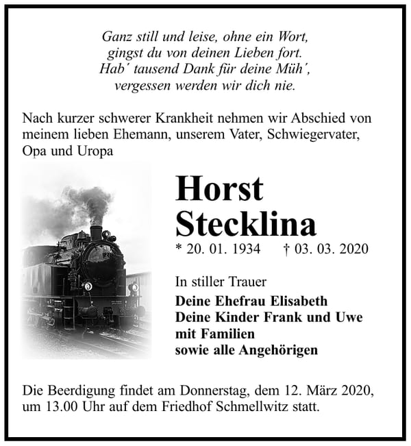 Traueranzeige Horst Stecklina