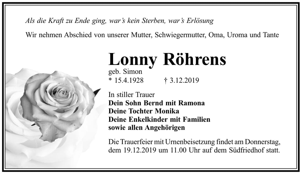 Traueranzeige Lonny Röhrens, geb. Simon