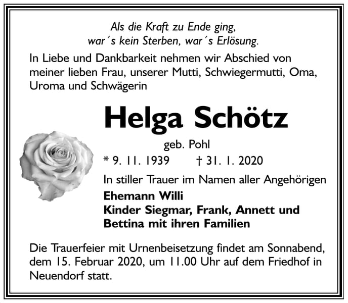 Danksagung Helga Schötz, geb. Pohl