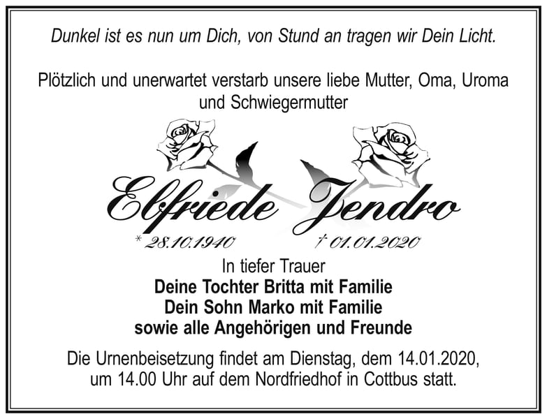 Traueranzeige Elfriede Jendro