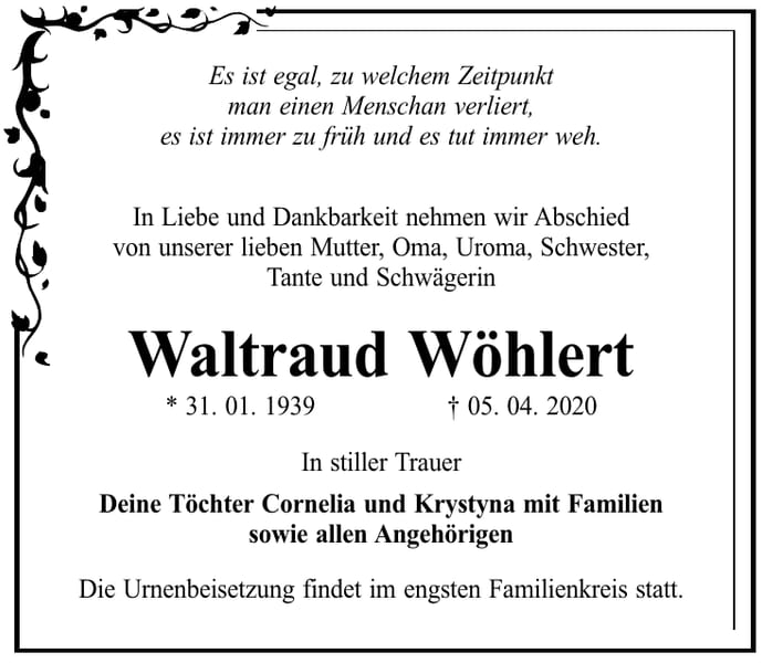 Traueranzeige Waltraud Wöhlert