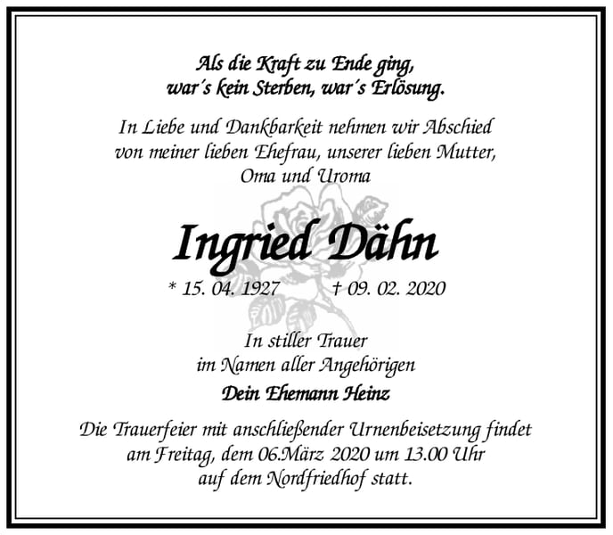 Traueranzeige Ingried Dähn