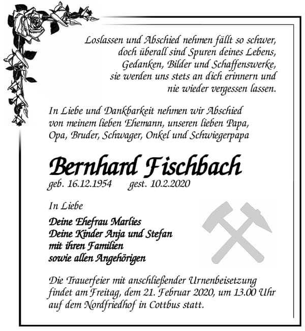 Traueranzeige Bernhard Fischbach