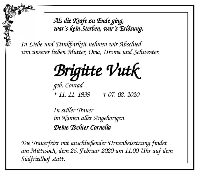 Traueranzeige Brigitte Vutk, geb. Conrad