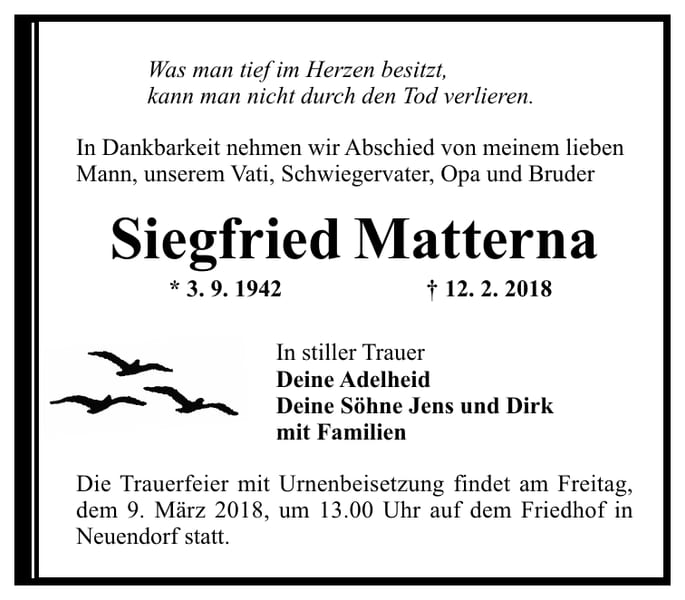 Traueranzeige Siegfried Matterna