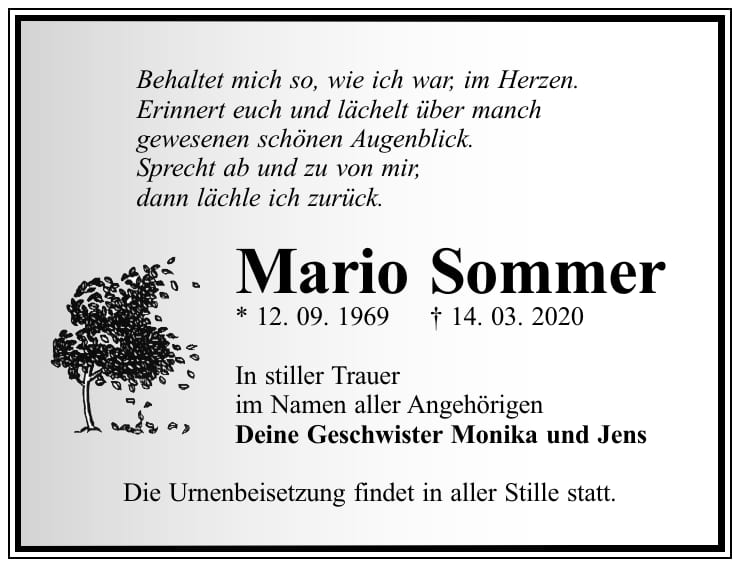 Traueranzeige Mario Sommer