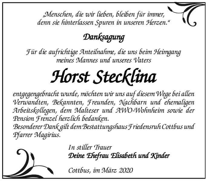 Danksagung Horst Stecklina