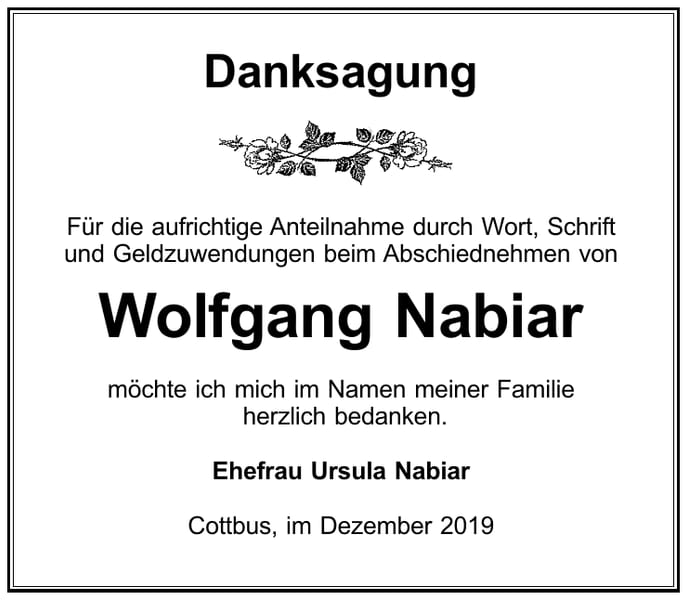 Danksagung Wolfgang Nabiar