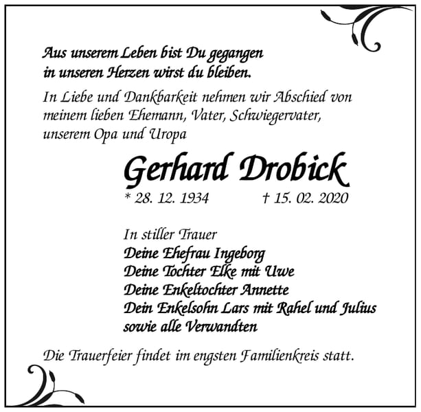 Traueranzeige Gerhard Drobick