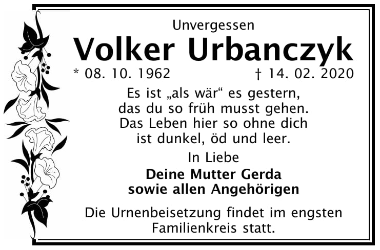 Traueranzeige Volker Urbanczyk