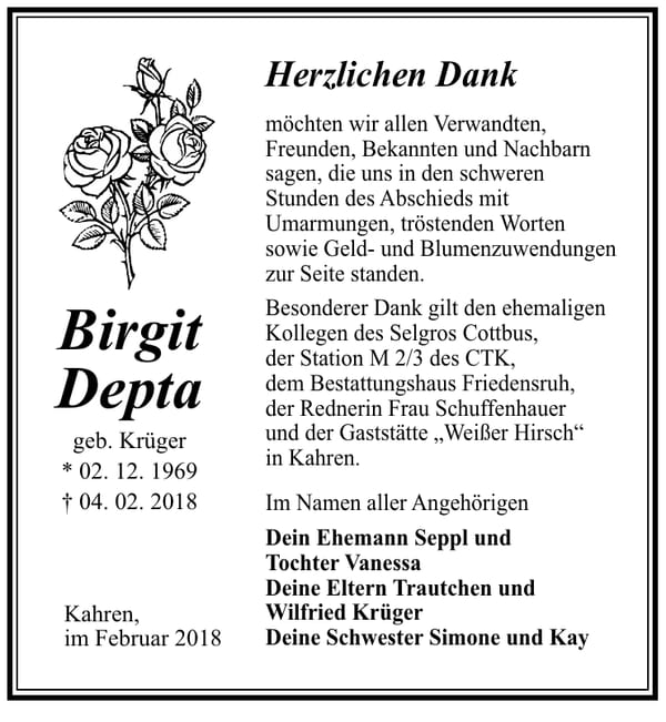 Danksagung Birgit Depta, geb. Krüger