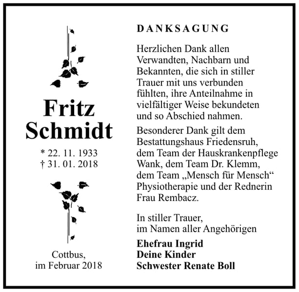Danksagung Fritz Schmidt
