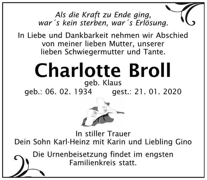 Traueranzeige Charlotte Broll, geb. Klaus