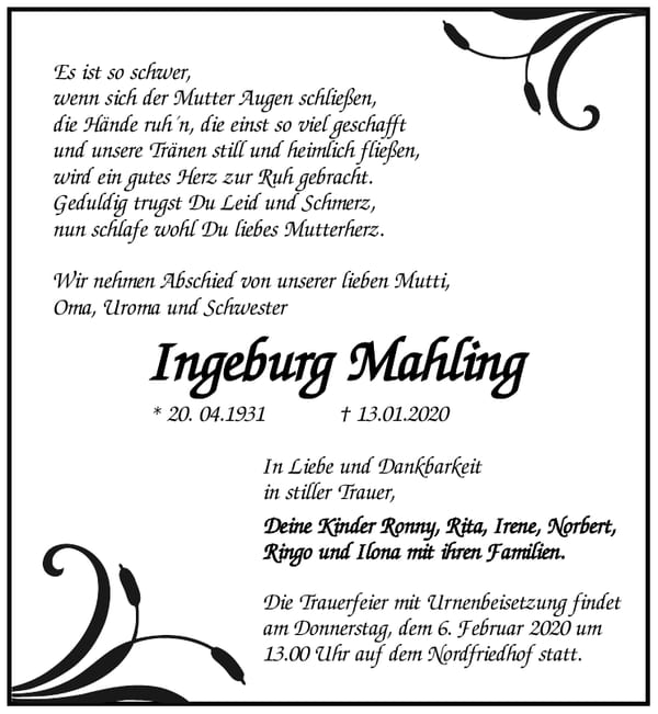 Traueranzeige Ingeburg Mahling