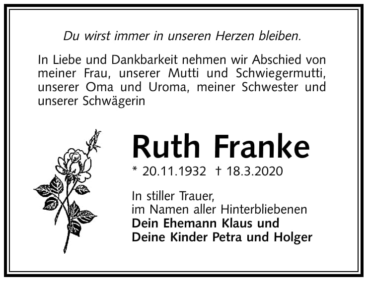 Traueranzeige Ruth Franke