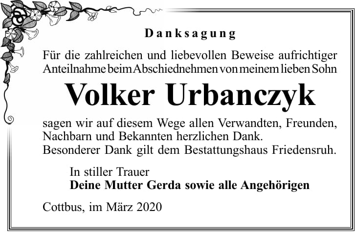 Danksagung Volker Urbanczyk