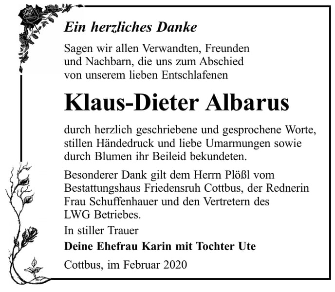 Danksagung Klaus-Dieter Albarus