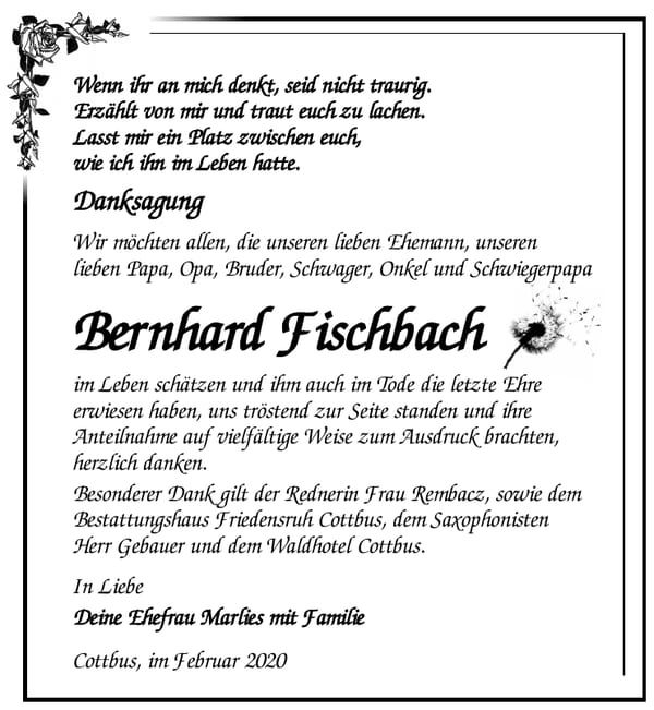 Danksagung Bernhard Fischbach