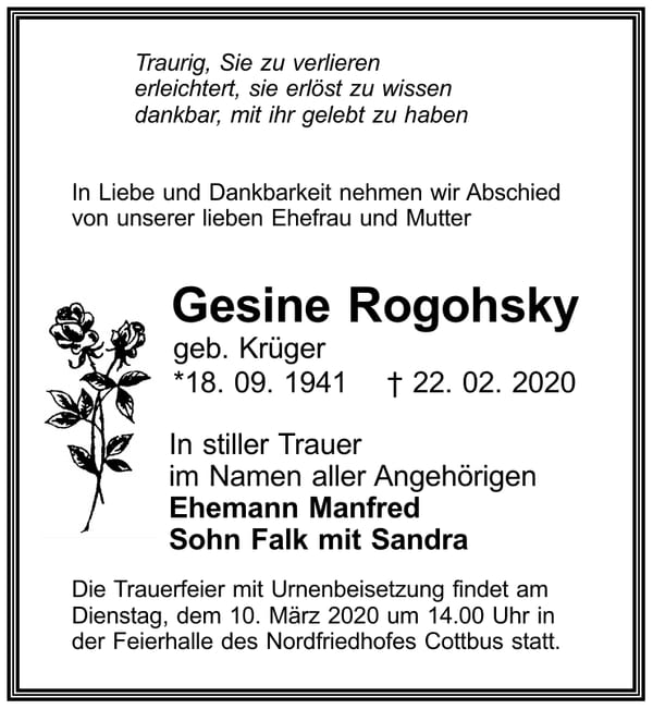 Traueranzeige Gesine Rogohsky, geb. Krüger