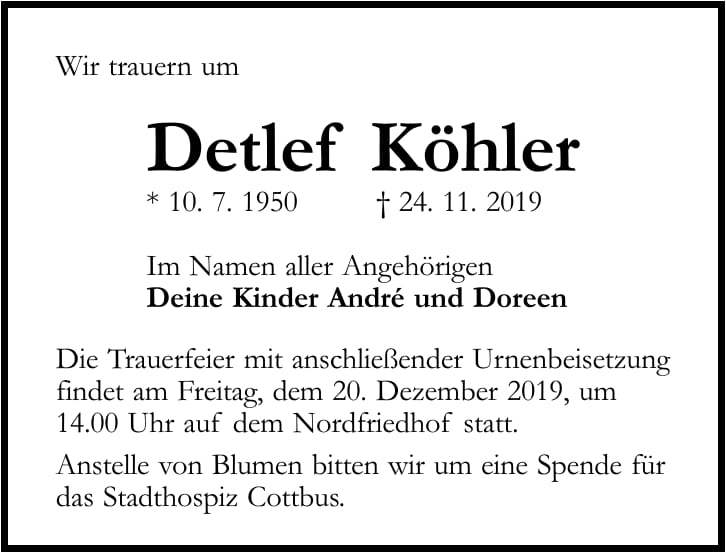 Traueranzeige Detlef Köhler