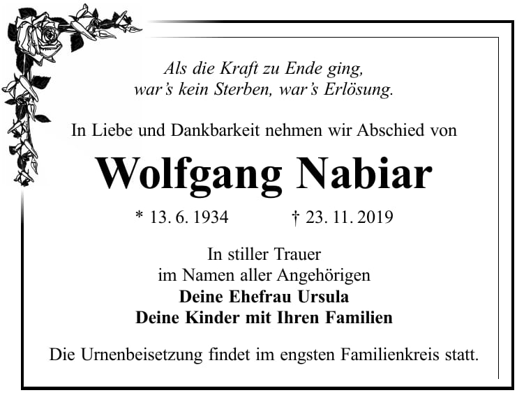 Traueranzeige Wolfgang Nabiar