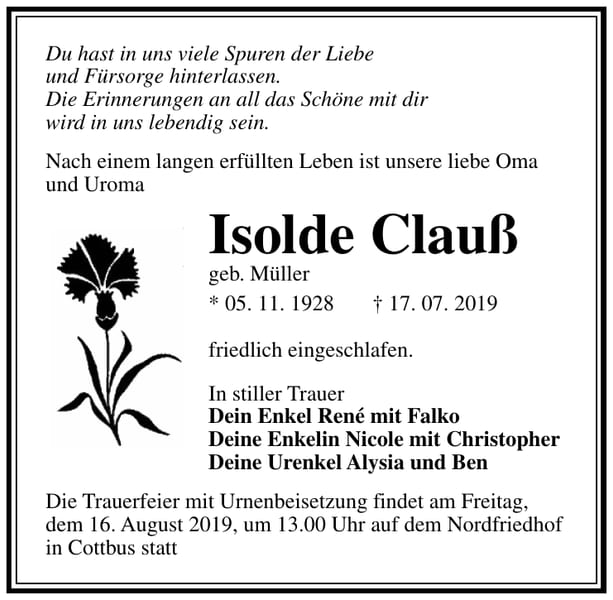 Traueranzeige Isolde Clauß, geb. Müller