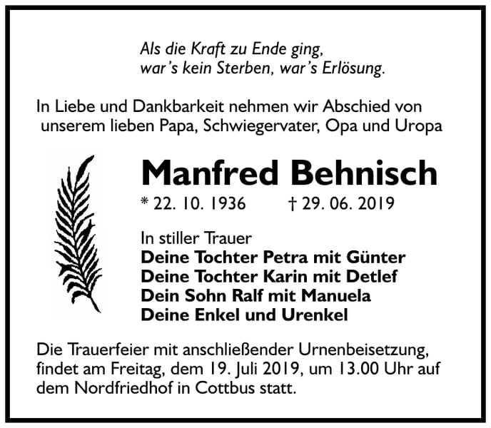 Traueranzeige Manfred Behnisch