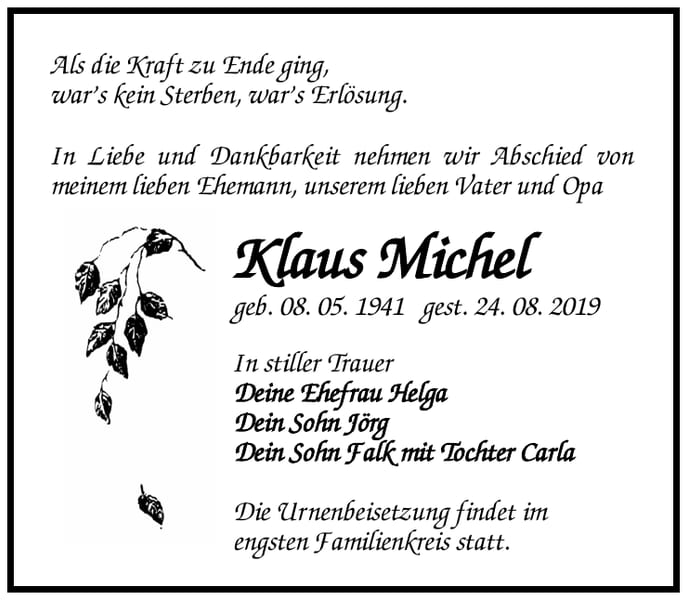 Traueranzeige Klaus Michel
