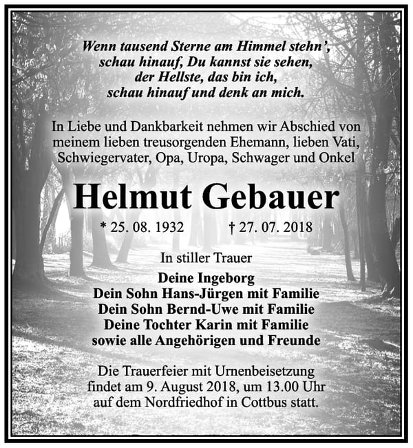 Traueranzeige Helmut Gebauer