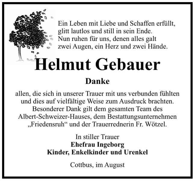 Danksagung Helmut Gebauer