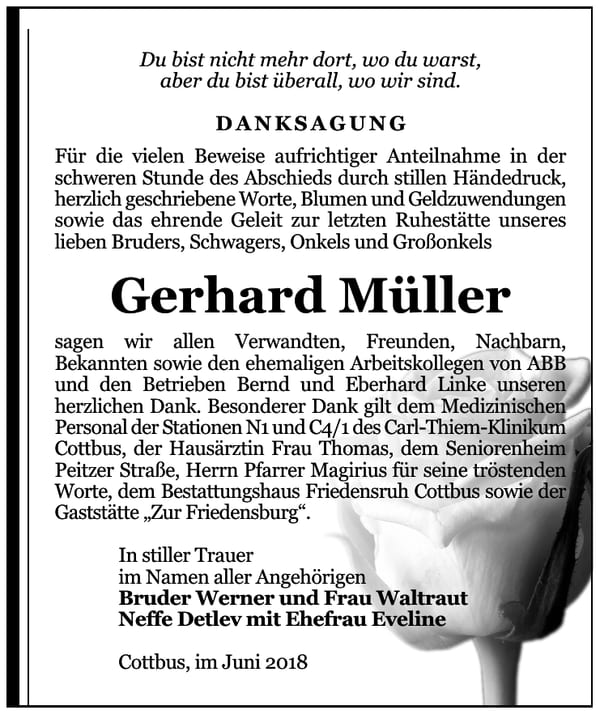 Danksagung Gerhard Müller