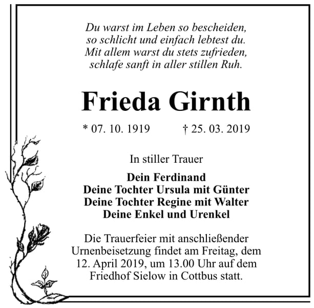 Traueranzeige Frieda Girnth