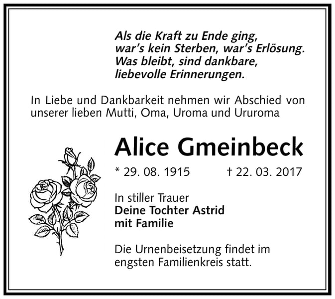 Traueranzeige Alice Gmeinbeck