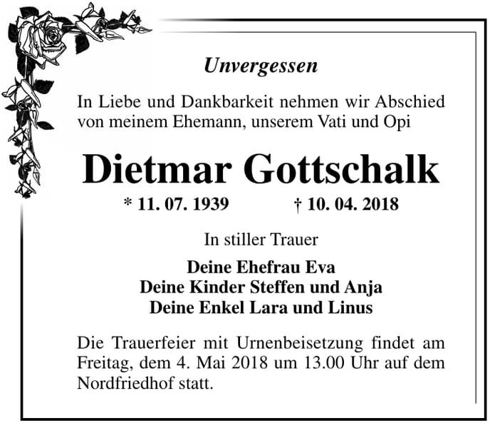 Traueranzeige Dietmar Gottschalk