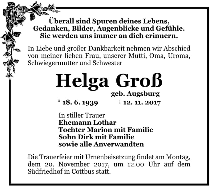 Traueranzeige Helga Groß, geb. Augsburg
