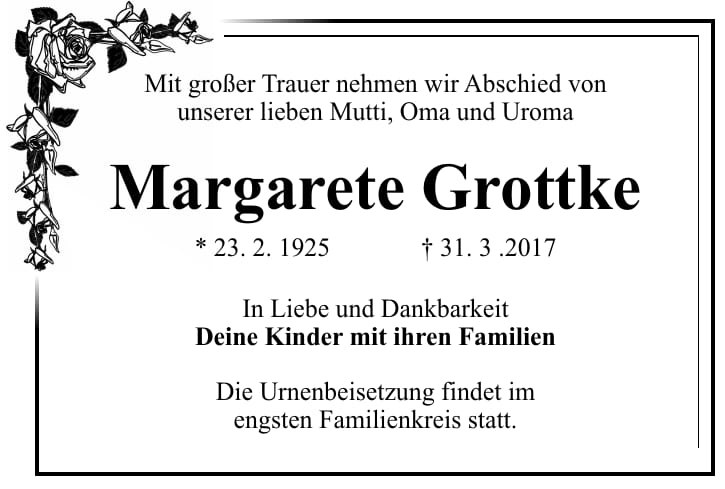 Traueranzeige Margarete Grottke