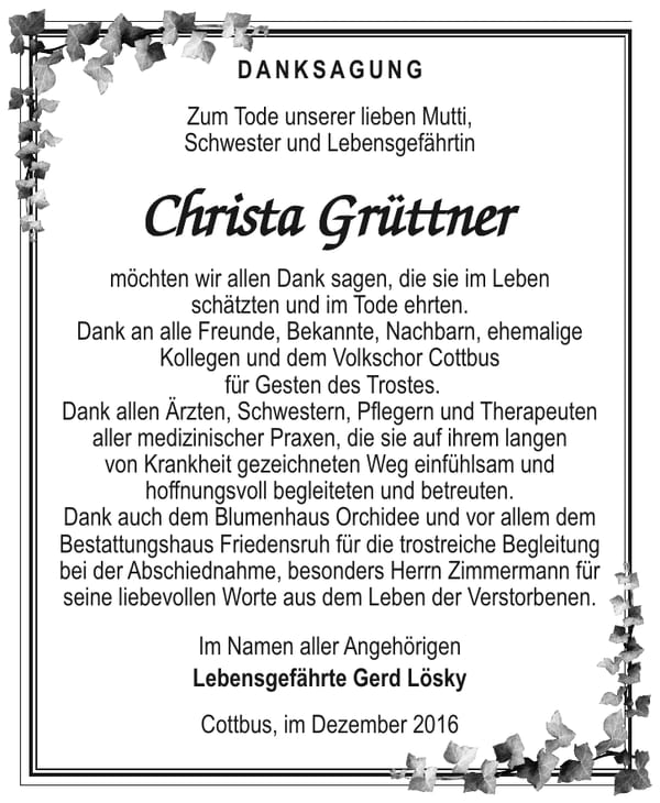 Danksagung Christa Grüttner