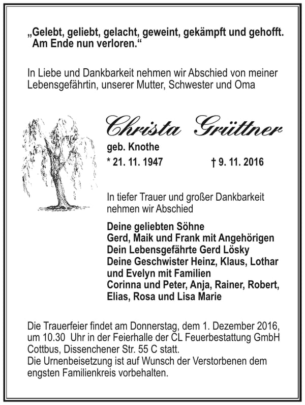 Traueranzeige Christa Grüttner, geb. Knothe