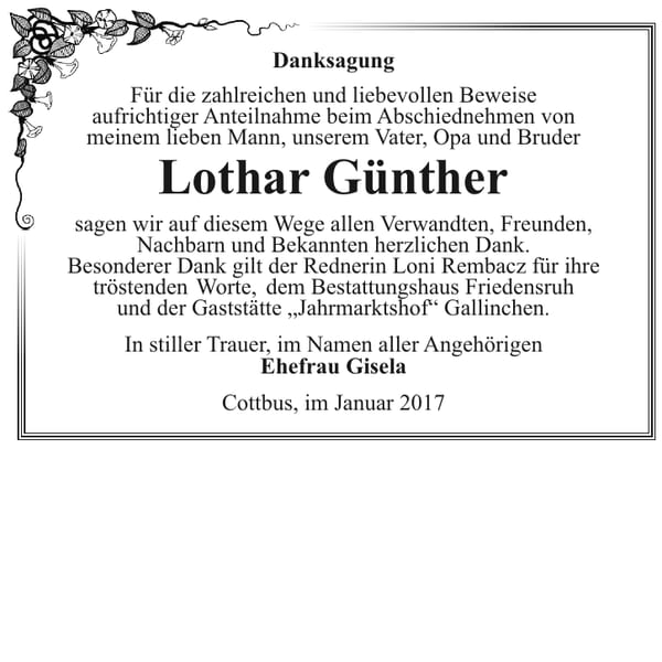 Danksagung Lothar Günther