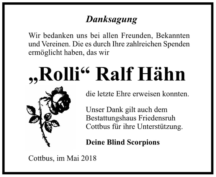 Danksagung Ralf Hähn