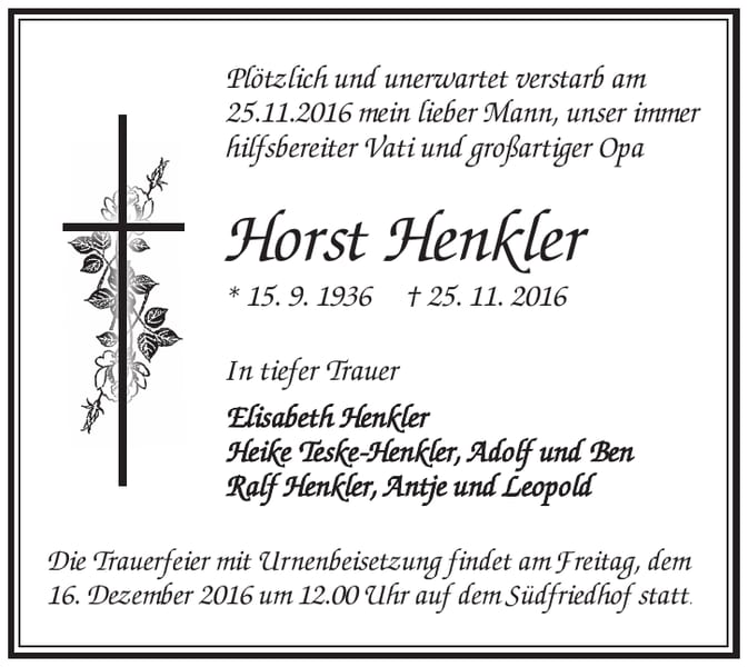 Traueranzeige Horst Henkler