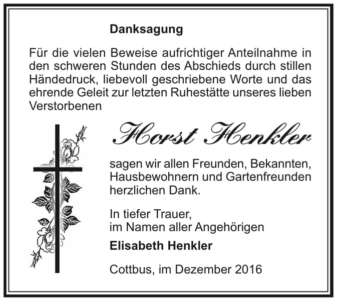 Danksagung Horst Henkler