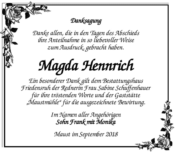 Danksagung Magda Hennrich