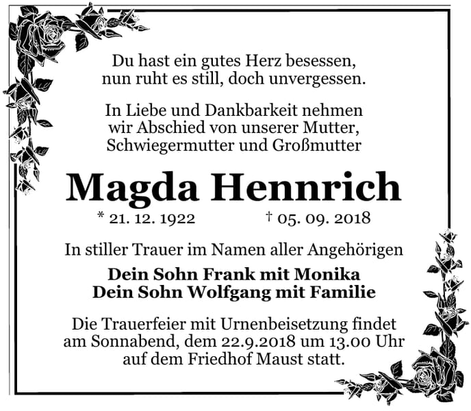 Traueranzeige Magda Hennrich