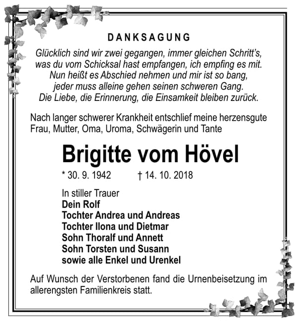 Danksagung Brigitte vom Hövel